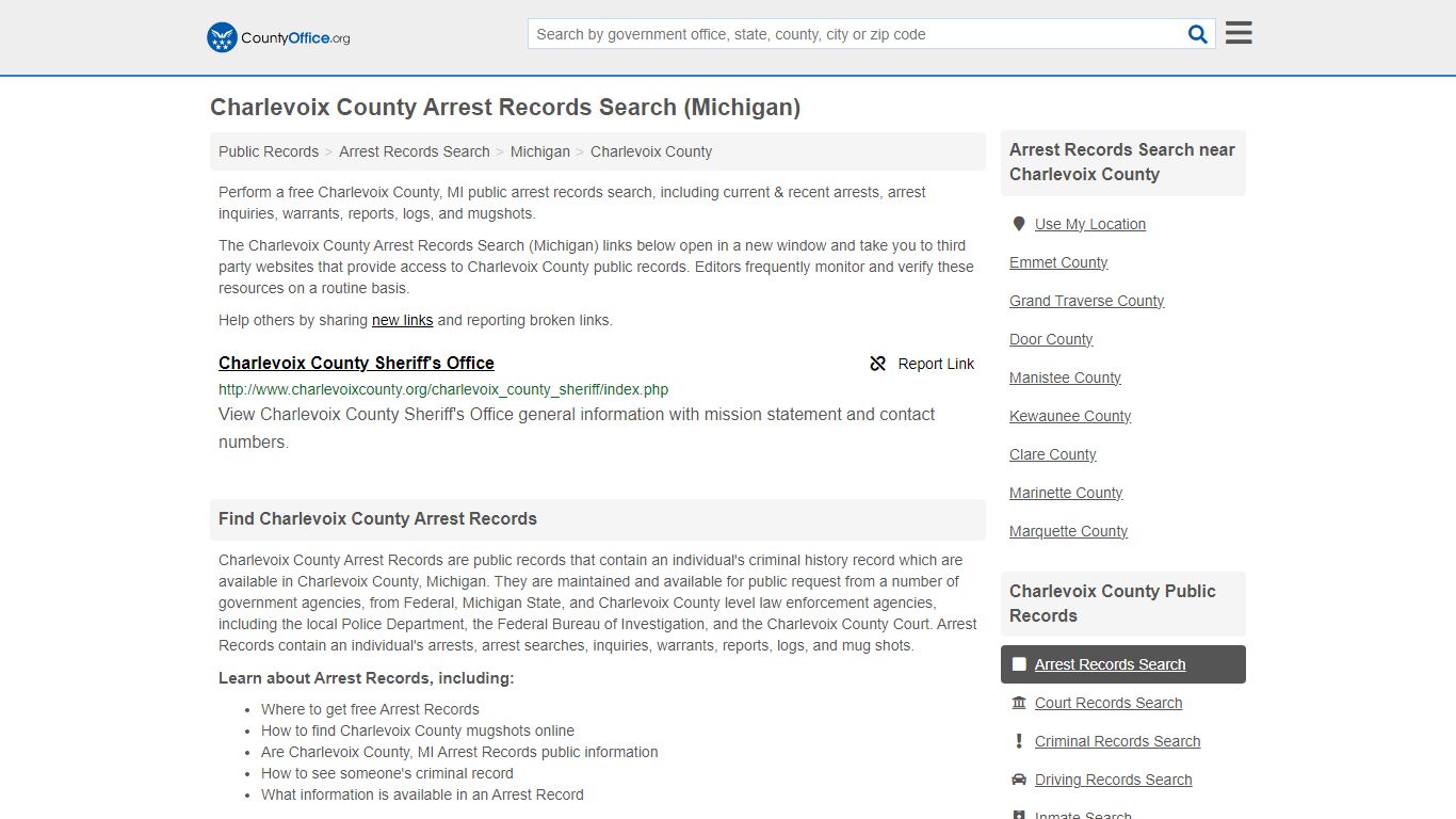 Charlevoix County Arrest Records Search (Michigan) - County Office